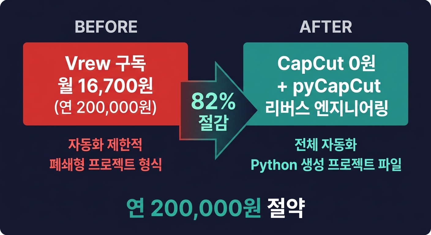 Vrew(월 16,700원) → CapCut 역공학(0원) 전환으로 82% 비용 절감