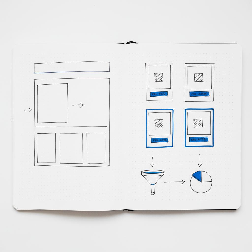 Close-up notebook spread with landing page wireframe sketches and ad creative thumbnails, inked in dark gray with blue CTA accents (#1a5bfb) on a clean white background &mdash; advertise my small business
