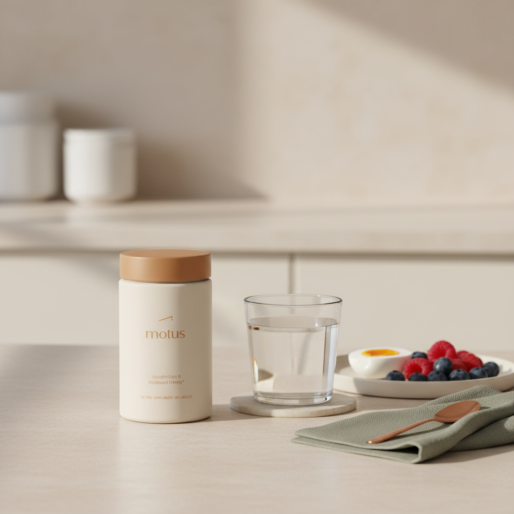 How do you ask your doctor for weight loss pills? Bright kitchen island photo with Motus supplement jar in foreground, glass of water and protein breakfast of egg and berries slightly out of focus.