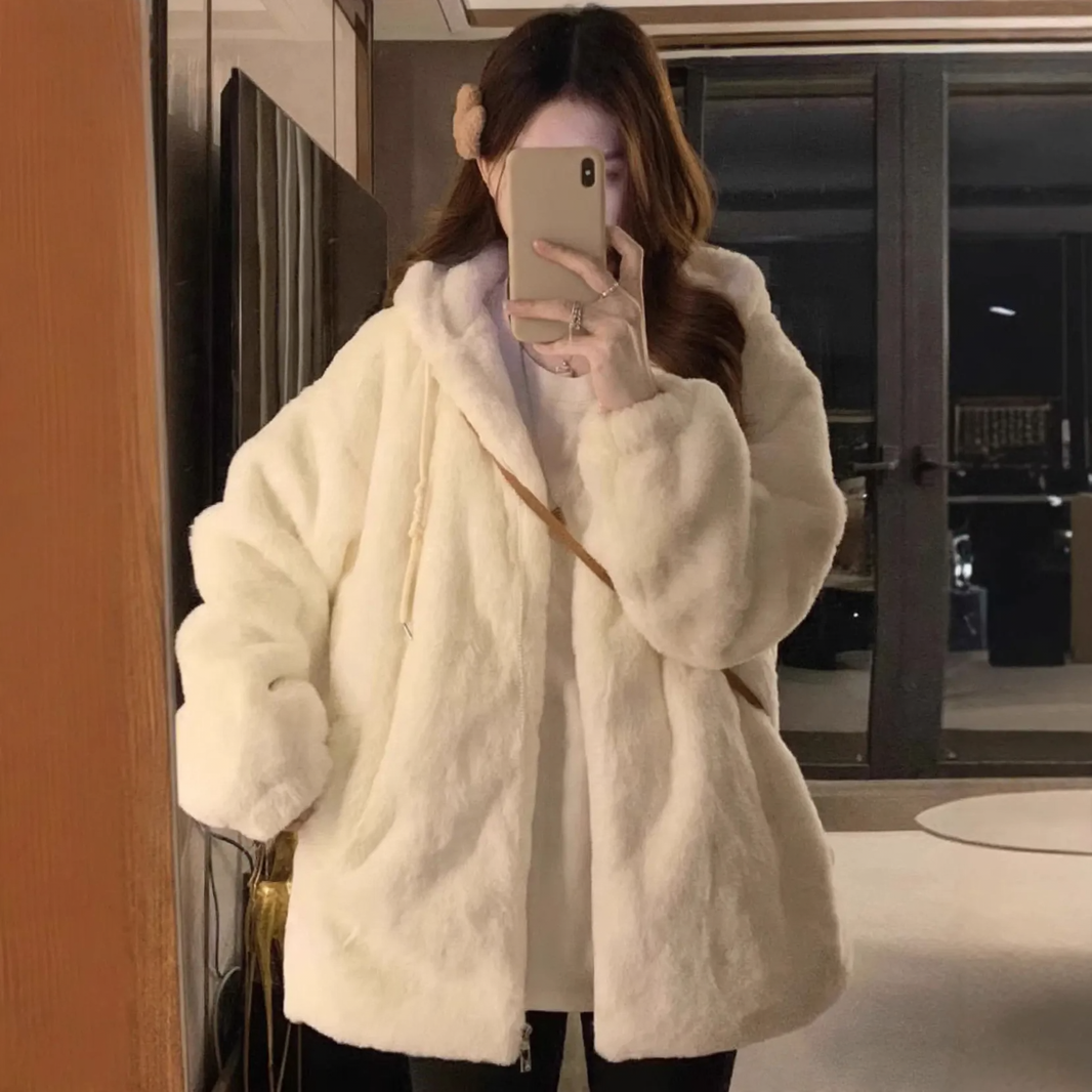 Lässige Lammfleece-Kapuzenjacke für Damen
