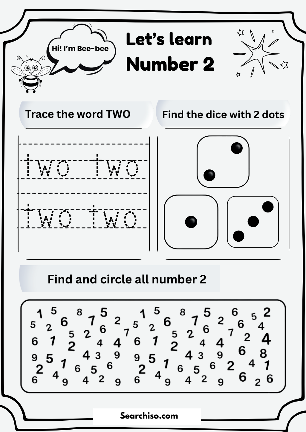 Bee-bee’s Number Two Tracing and Discovery Guide PDF printable