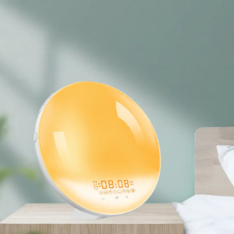 LED alarm clock with wooden look and sunrise simulation