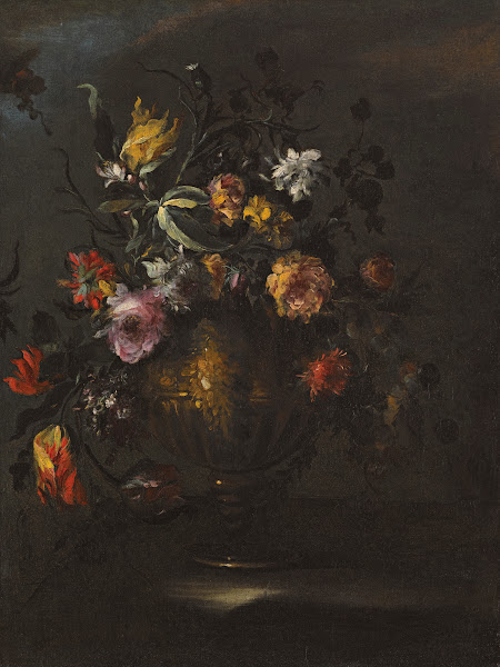 A Still Life Of Roses Tulips And Other Flowers In A Bronze Vase On A Stone Ledge