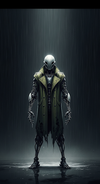 Dystopian Cyborg in Grungy Green Trench Coat Concept Art - Free mobile Wallpaper