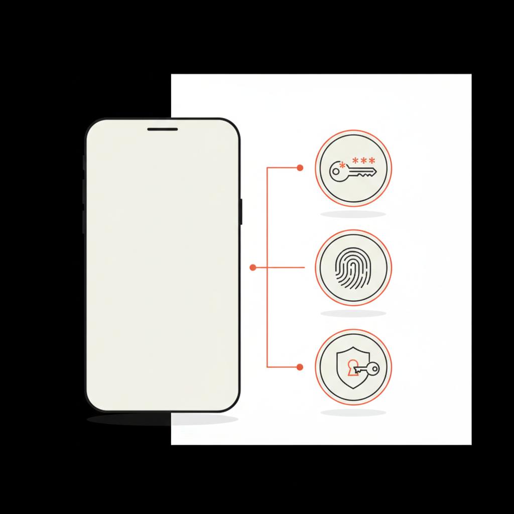 Minimal vector infographic of a full-frame Samsung phone silhouette with password, fingerprint and passkey icons in brand colors — find Gmail password on Samsung phone
