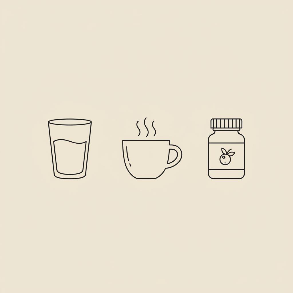 Minimalist line illustration of a glass of water, a steaming cup of tea, and a capsule bottle with a berry icon on beige background — drinks to reduce belly fat
