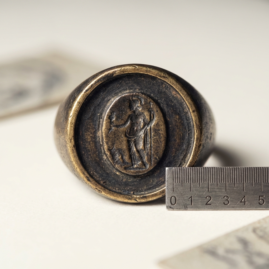 High contrast 10x macro of an ancient signet ring sunk bezel with worn intaglio and scale on a muted Aurora Antiqua background #ede7da