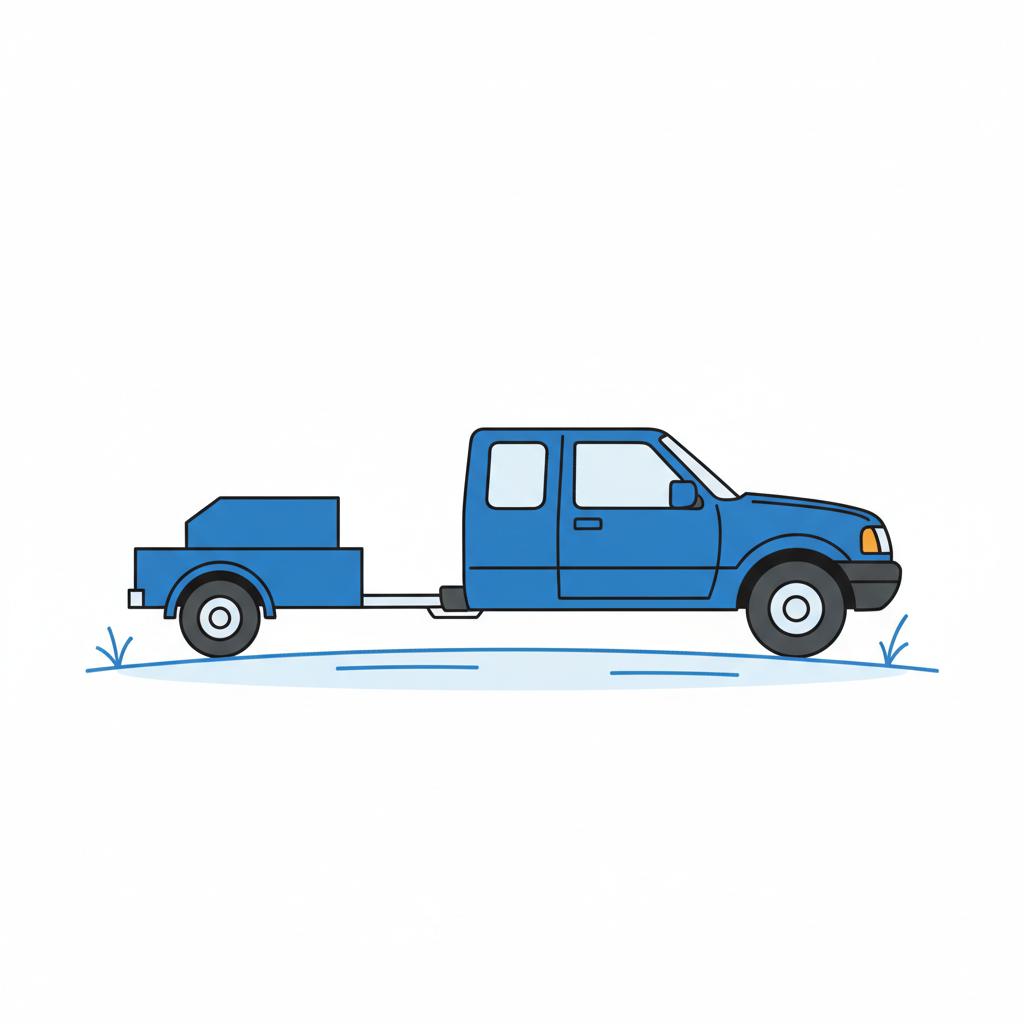 Minimalist 2D vector side view of a used ford ranger for sale towing a small trailer on a gentle hill with CarFax Deals blue accents on a white background