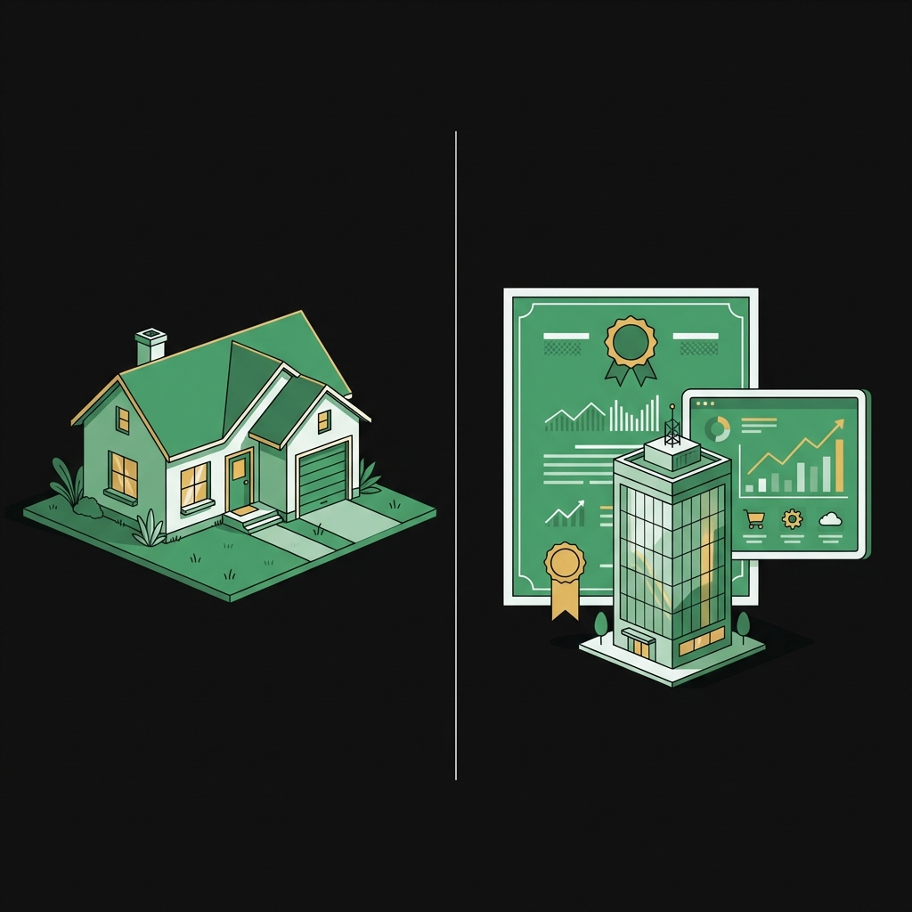 Minimalist split illustration comparing a rental house and a stock certificate showing direct real estate versus REITs examples of passive incomes