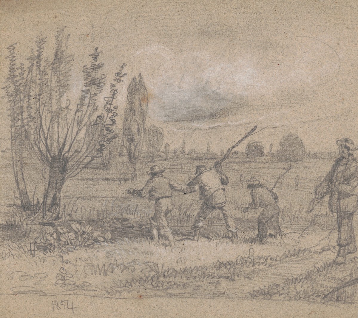 Three men standing at the edge of a pond 1854