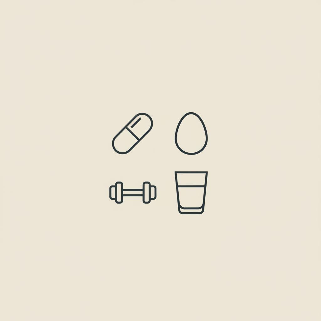 How can I boost my metabolism? Minimalist Tonum-style vector line icons of a capsule, egg, dumbbell, and water glass on beige #F2E5D5 background.