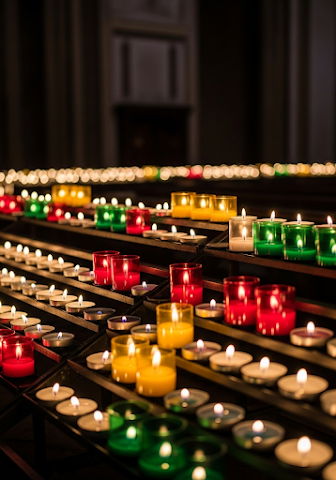 Rows of Prayer Candles in a Dark Church