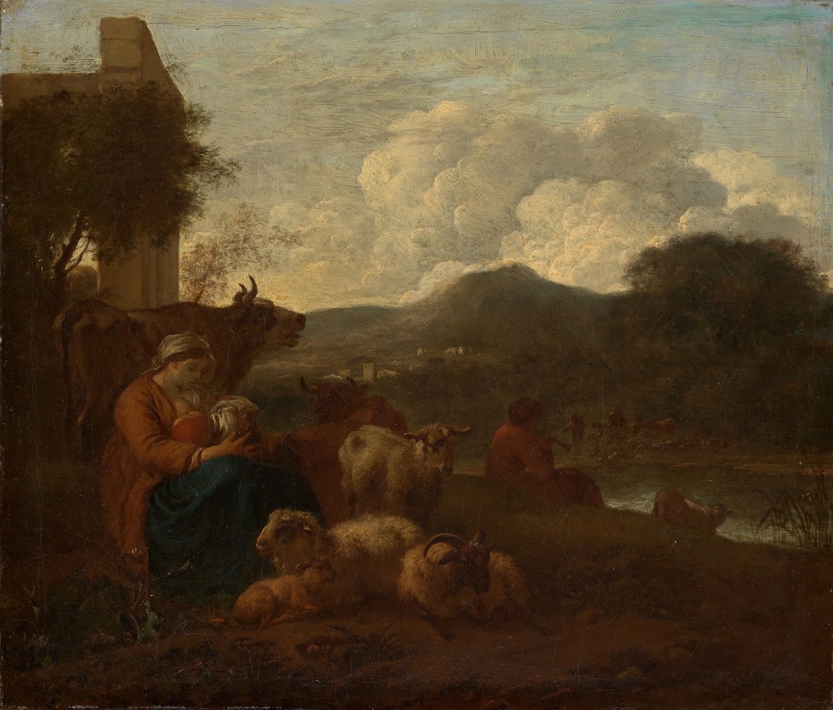Hirtin ihr Kind stillend mit der Herde in südlicher Landschaft