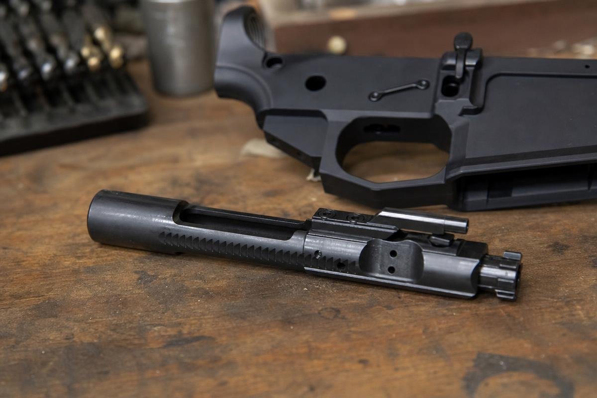 Carpenter 158 BCG disassembled showing bolt and carrier on gunsmith workbench