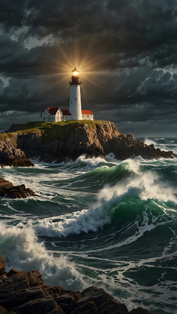 Dramatic Lighthouse Beam Stormy Ocean Waves