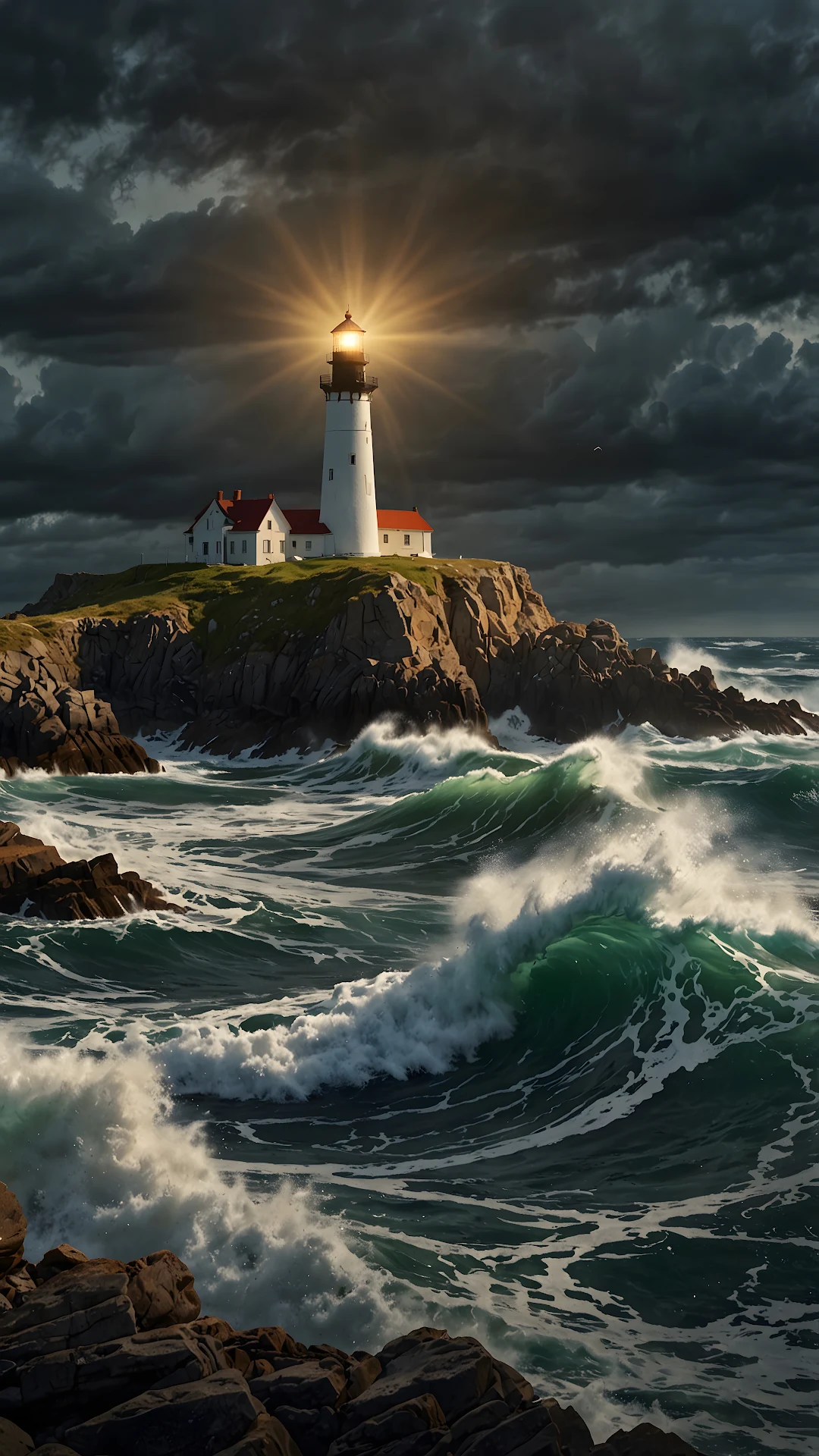 Dramatic Lighthouse Beam Stormy Ocean Waves - Free 4K mobile Wallpaper