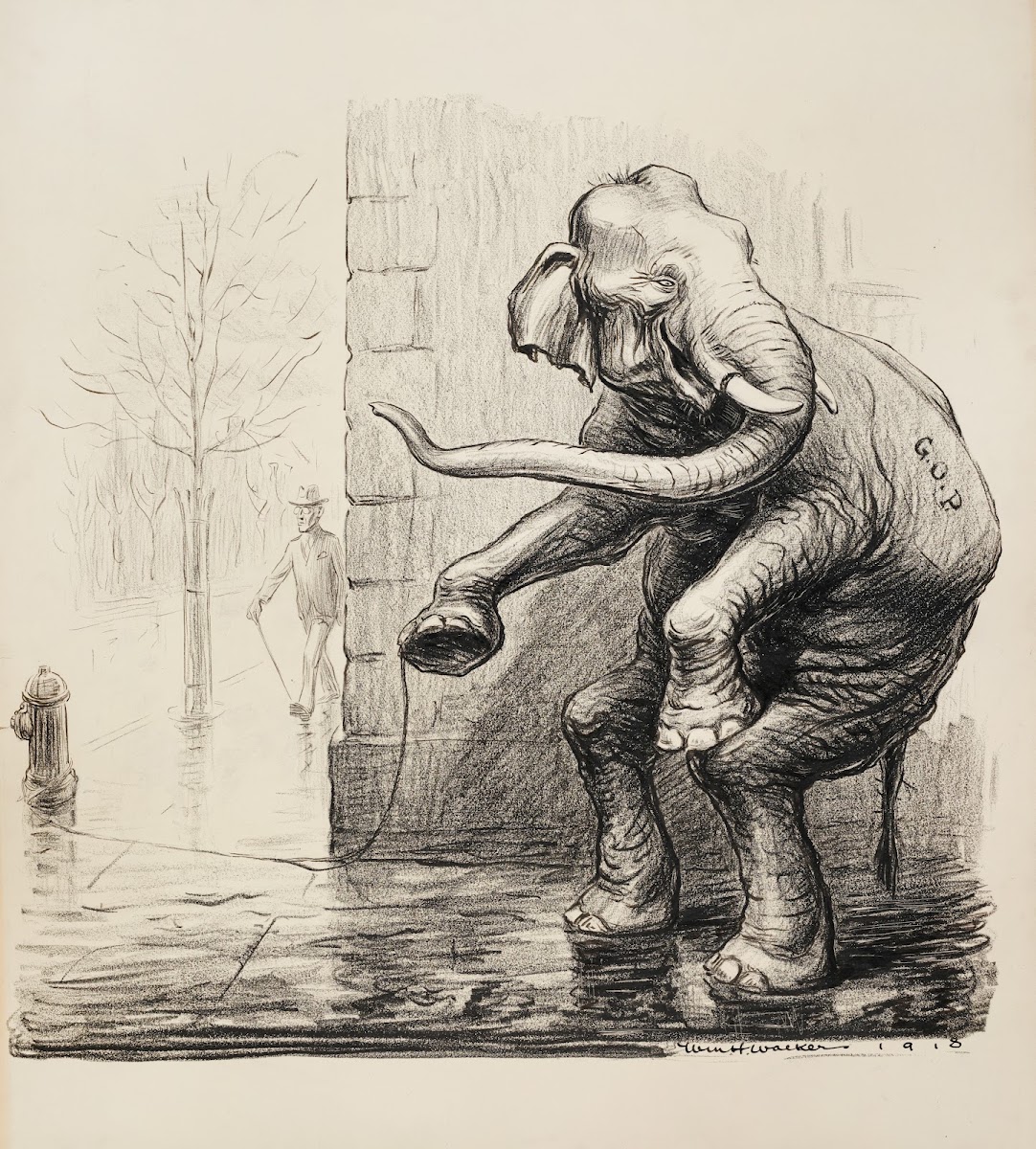 President Woodrow Wilson walks calmly down the street as the Republican Party el