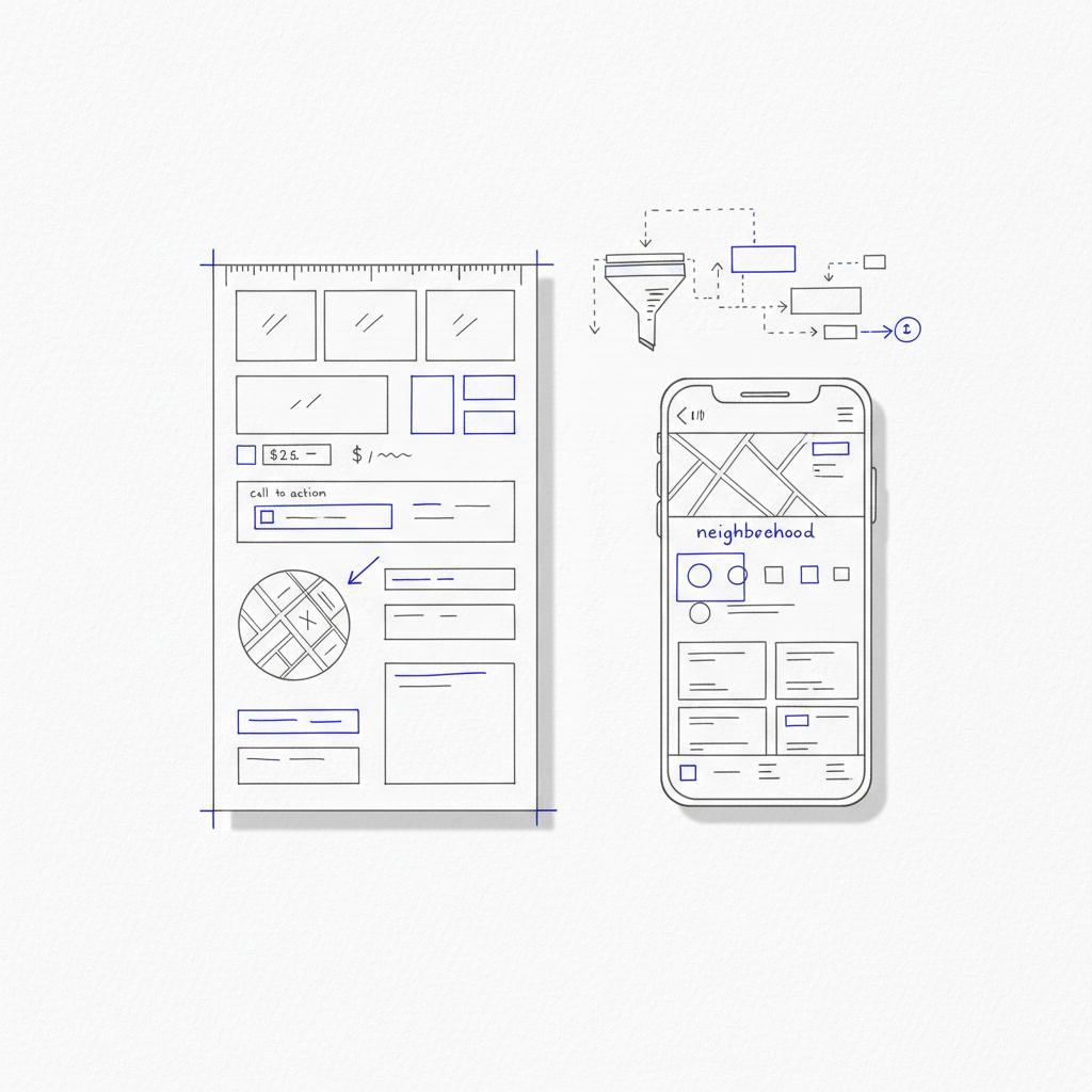 Hand-drawn notebook sketches of a property listing wireframe and mobile neighborhood layout on a white page with blue accents #1a5bfb and neutral #39383f &mdash; best real estate website builder