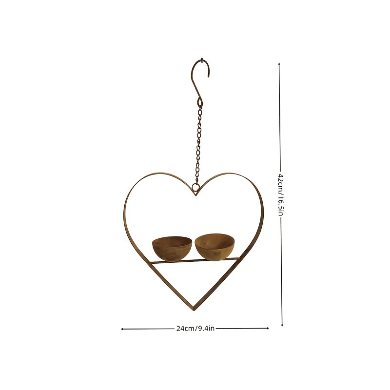 Heart-shaped metal bird feeder with two bowls
