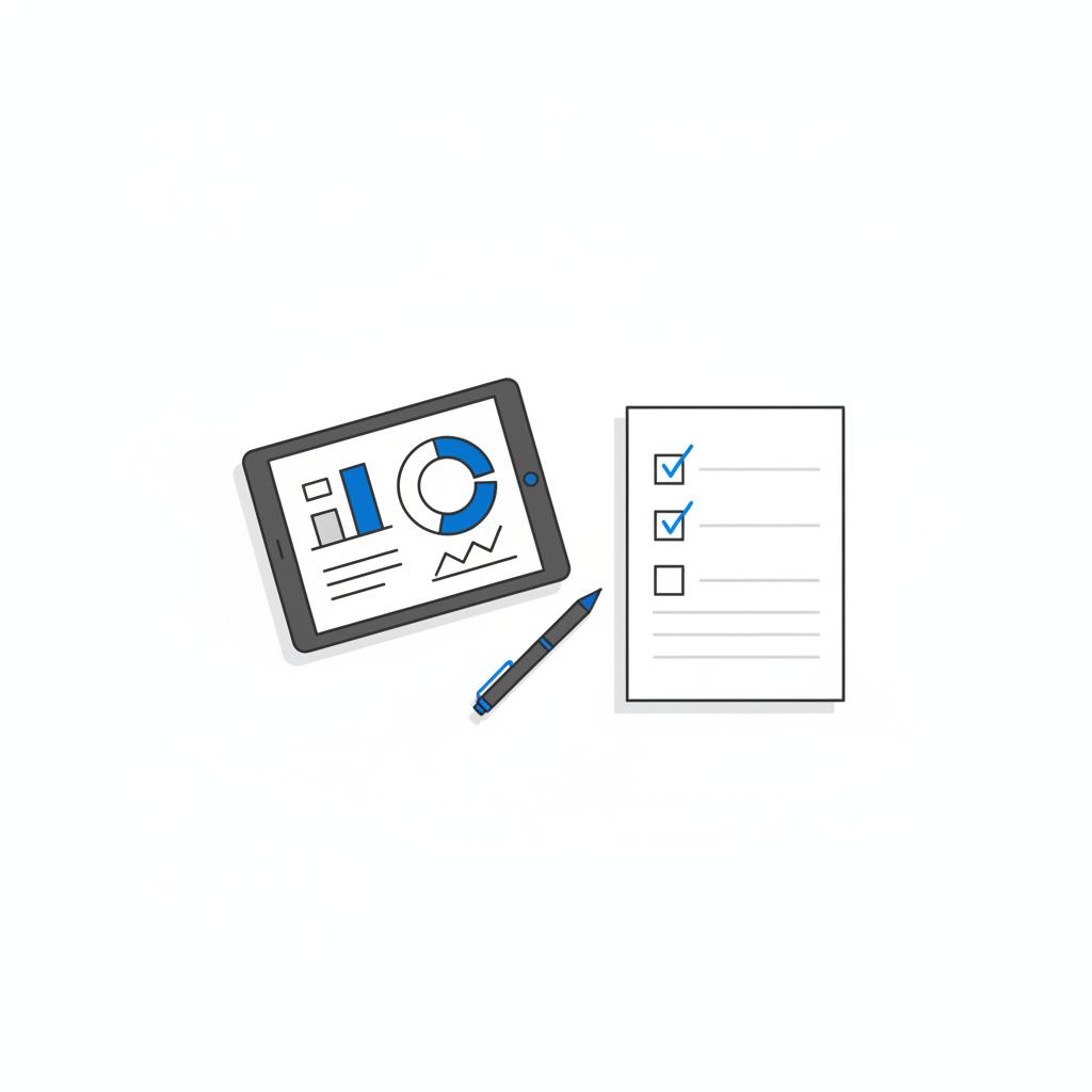 Minimalist 2D vector desk with tablet showing abstract analytics, pen and checklist with ticks on white background, dark-gray lines and blue accents to illustrate how to advertise my small business