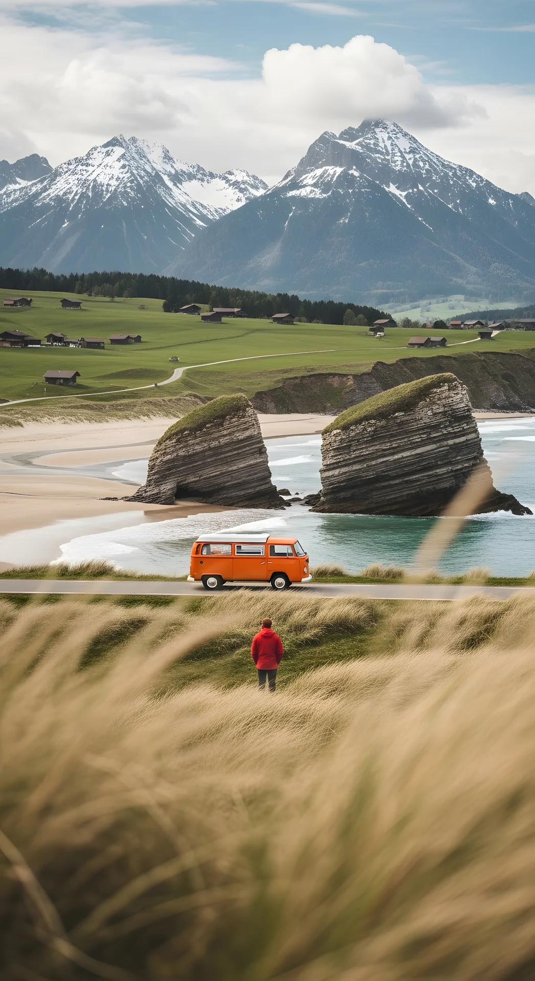 Vintage Orange VW Bus on Coastal Road with Snowy Peaks - Free 4K mobile Wallpaper