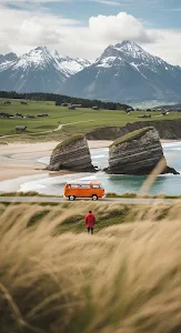 Vintage Orange VW Bus on Coastal Road with Snowy Peaks
