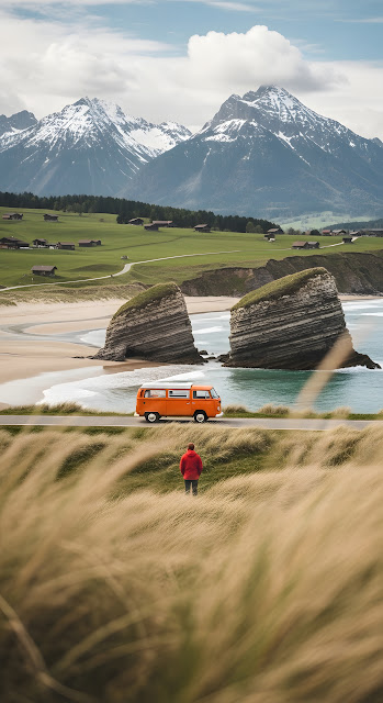 Vintage Orange VW Bus on Coastal Road with Snowy Peaks - Free mobile Wallpaper