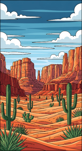 Cartoon Desert Canyon Landscape Saguaro Cacti Monument Valley - Free mobile Wallpaper