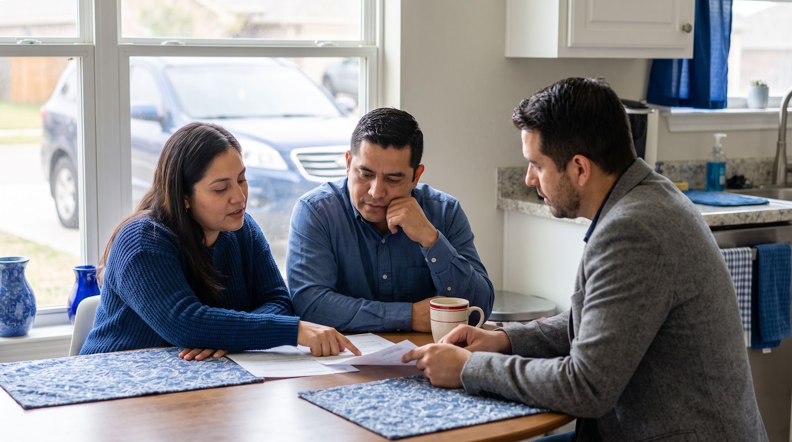 Hispanic couple reviewing texas rush hour car accident insurance coverage options with an advisor at home