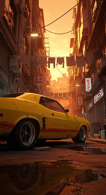 Vintage Yellow Muscle Car in an Old Urban Street at Sunset - Free mobile Wallpaper