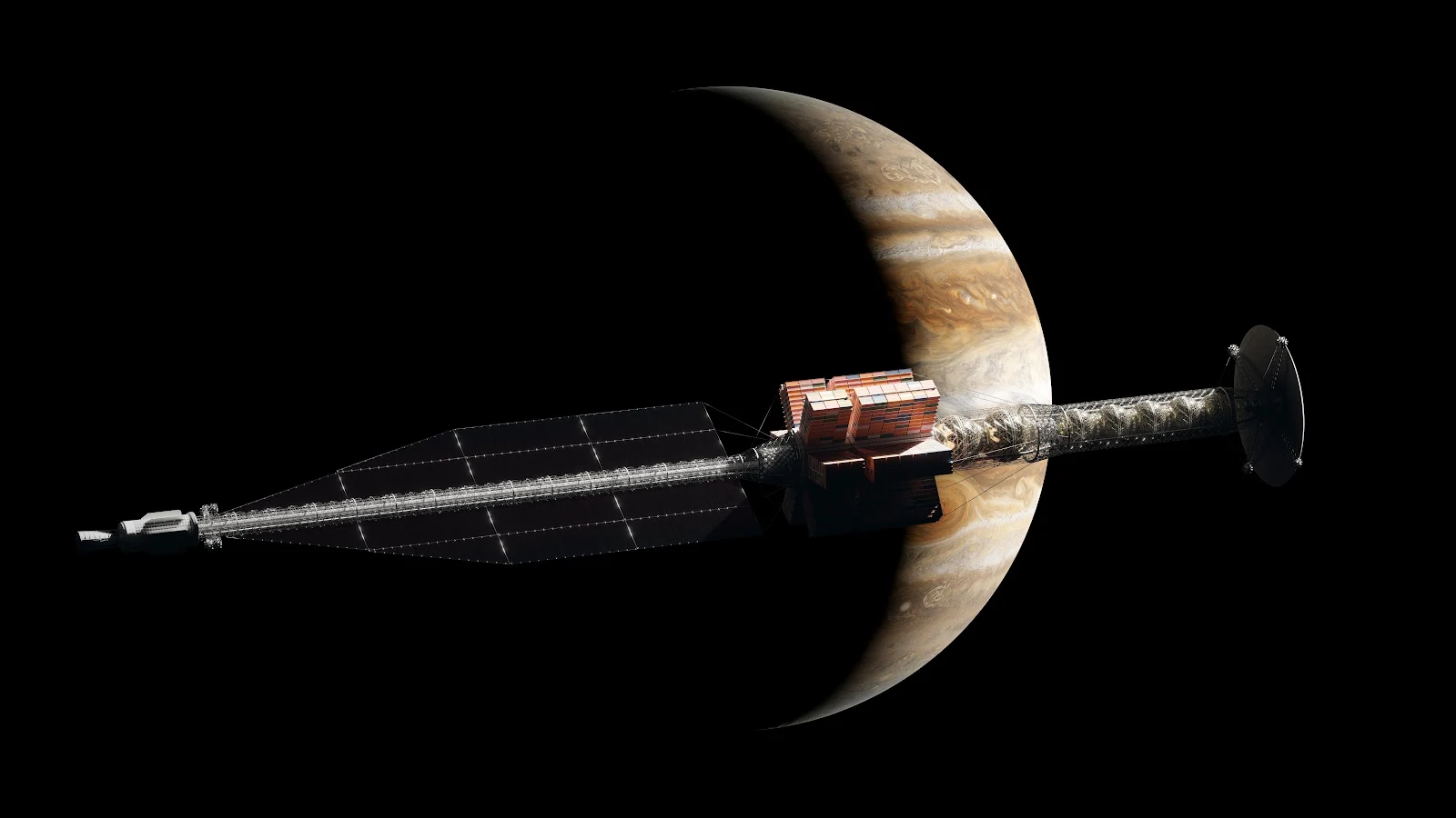 Futuristic Spaceship Orbiting Jupiter - Sci-Fi Render 8K Wallpaper (7680x4320)