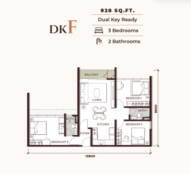 One Seputeh Type DKF floor plan — 1039 sq ft, 3 bedrooms