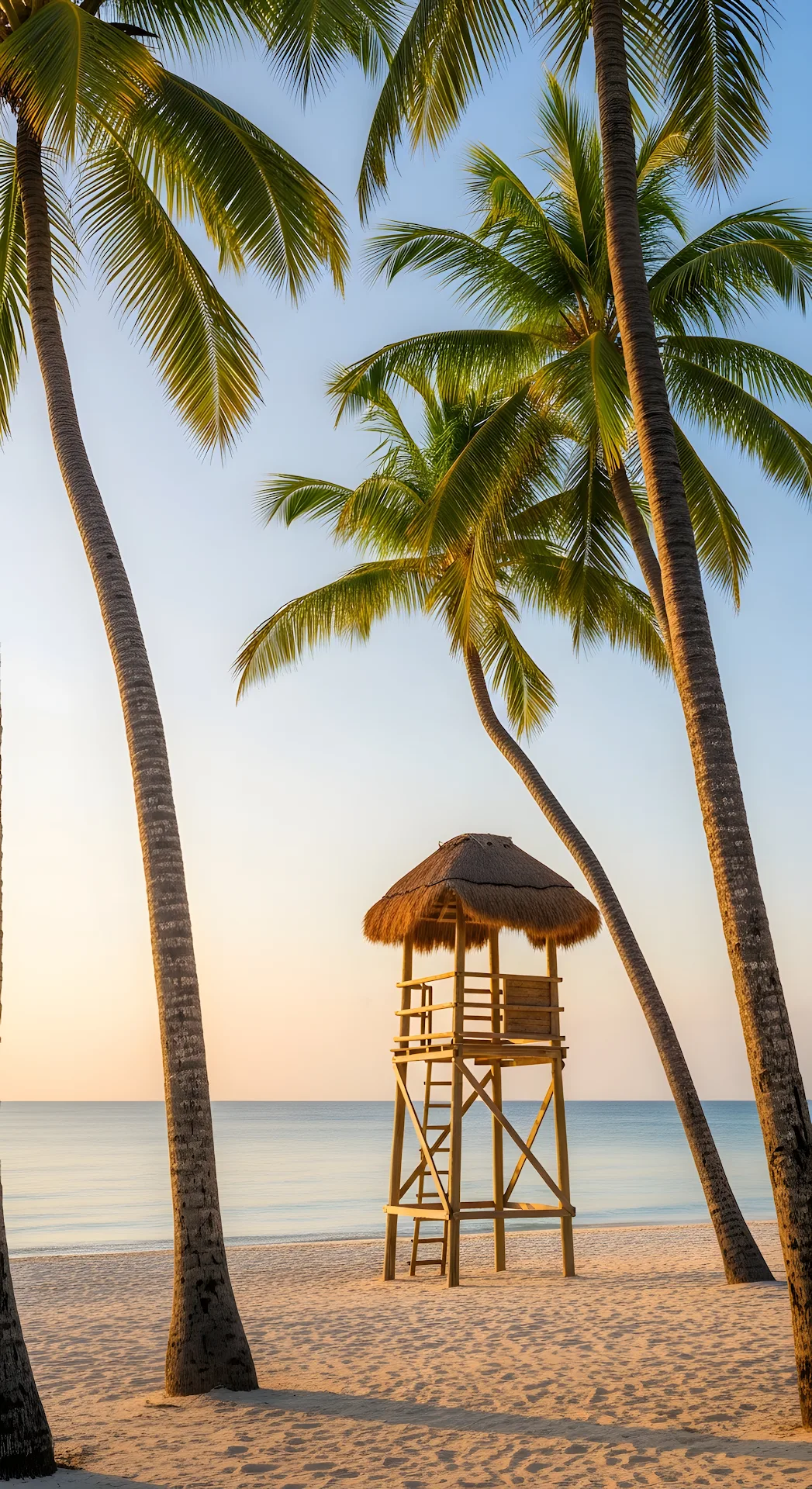 Idyllic Tropical Beach Scene with a Rustic Lifeguard Tower and Palm Trees at Sunrise - Free 4K mobile Wallpaper