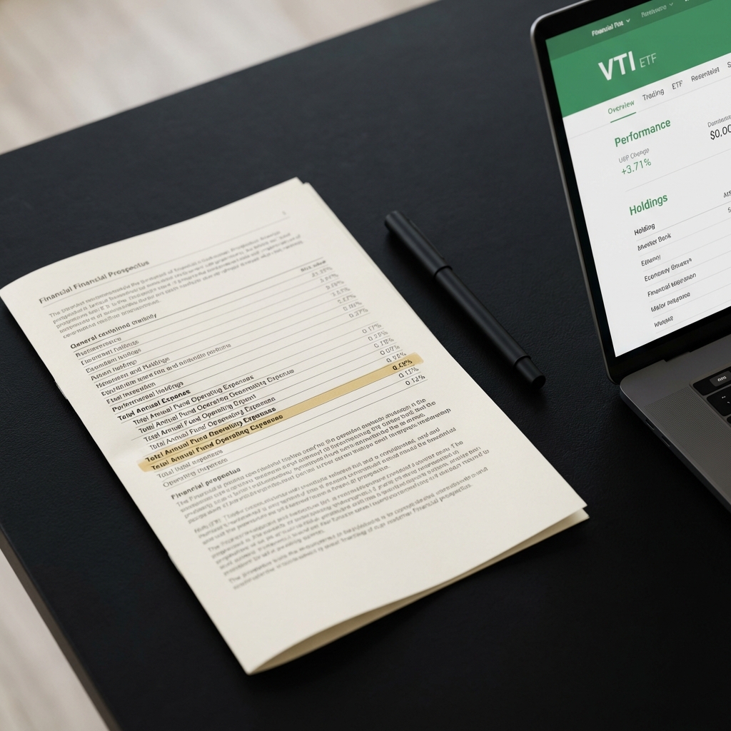 Close up of a fund prospectus highlighting the expense ratio line next to a pen and laptop showing an ETF ticker best crypto roth ira