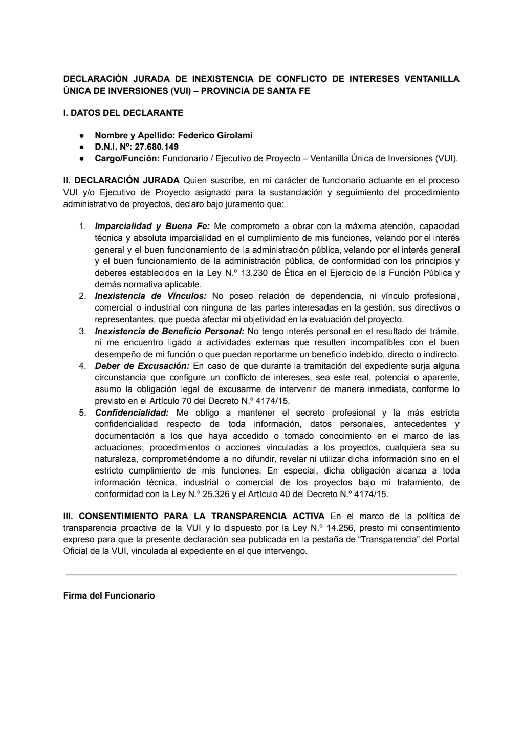 Primera página de la declaración jurada de Federico Girolami