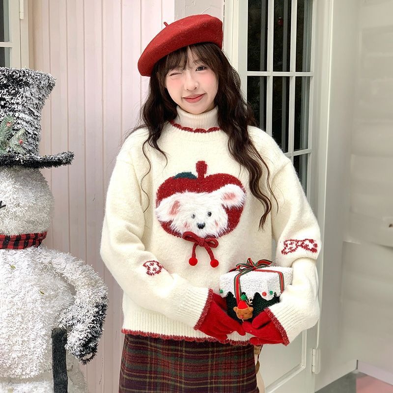 Fluffy knitted sweater in contrasting colors