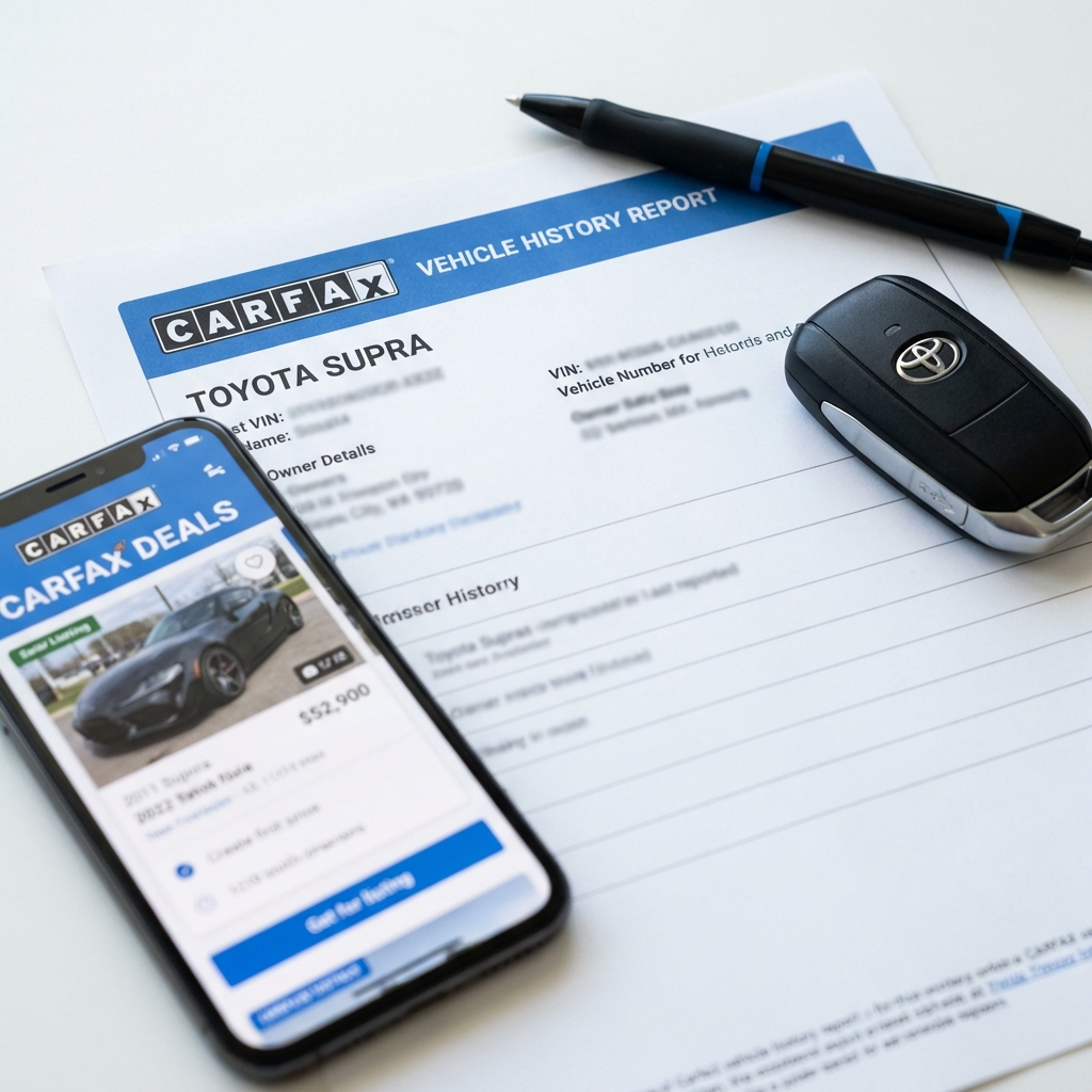Close view of a vehicle history report printout next to a Toyota Supra key fob and smartphone showing a dealer listing minimalist CarFax Deals style toyota supra for sale