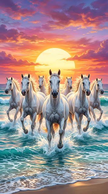 Herd of White Horses Galloping Through Ocean Water at Sunset - Free mobile Wallpaper