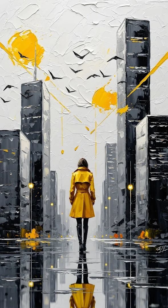 Expressive City Painting Yellow Coat Wet Street Reflection