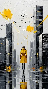 Expressive City Painting Yellow Coat Wet Street Reflection