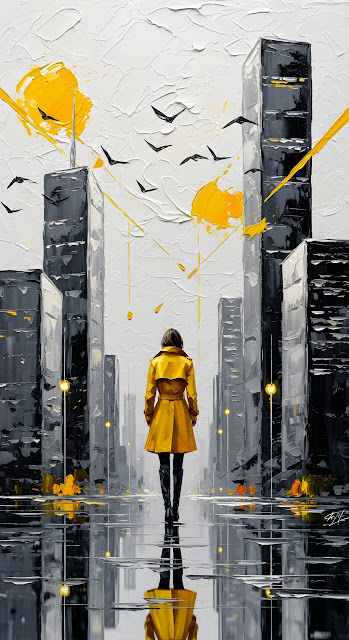 Expressive City Painting Yellow Coat Wet Street Reflection - Free mobile Wallpaper