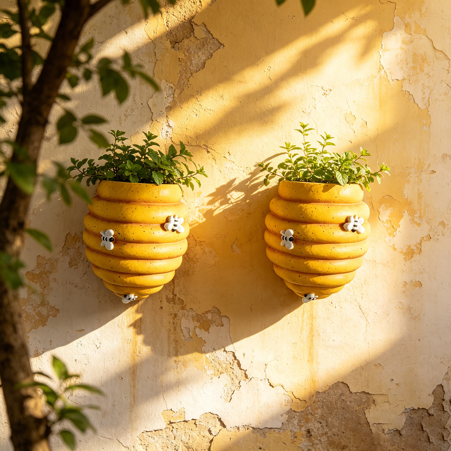 Wall-mounted flower pot with bee motif