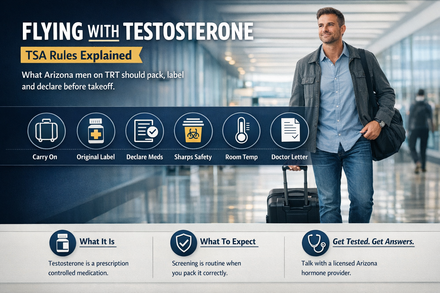 Can You Fly With Testosterone? TSA Rules for Men on TRT — AZTRT Arizona TRT clinic blog cover showing a man walking through an airport terminal with a carry-on bag alongside travel and medication icons