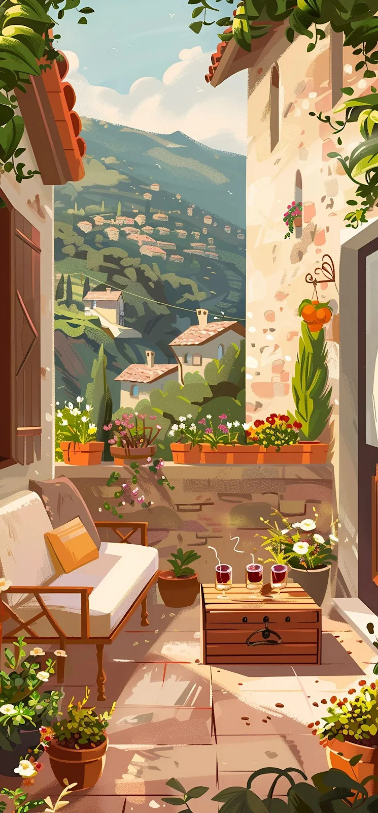 Cozy Mediterranean Balcony View - Digital Illustration Full HD iPhone Wallpaper (1080x2321)