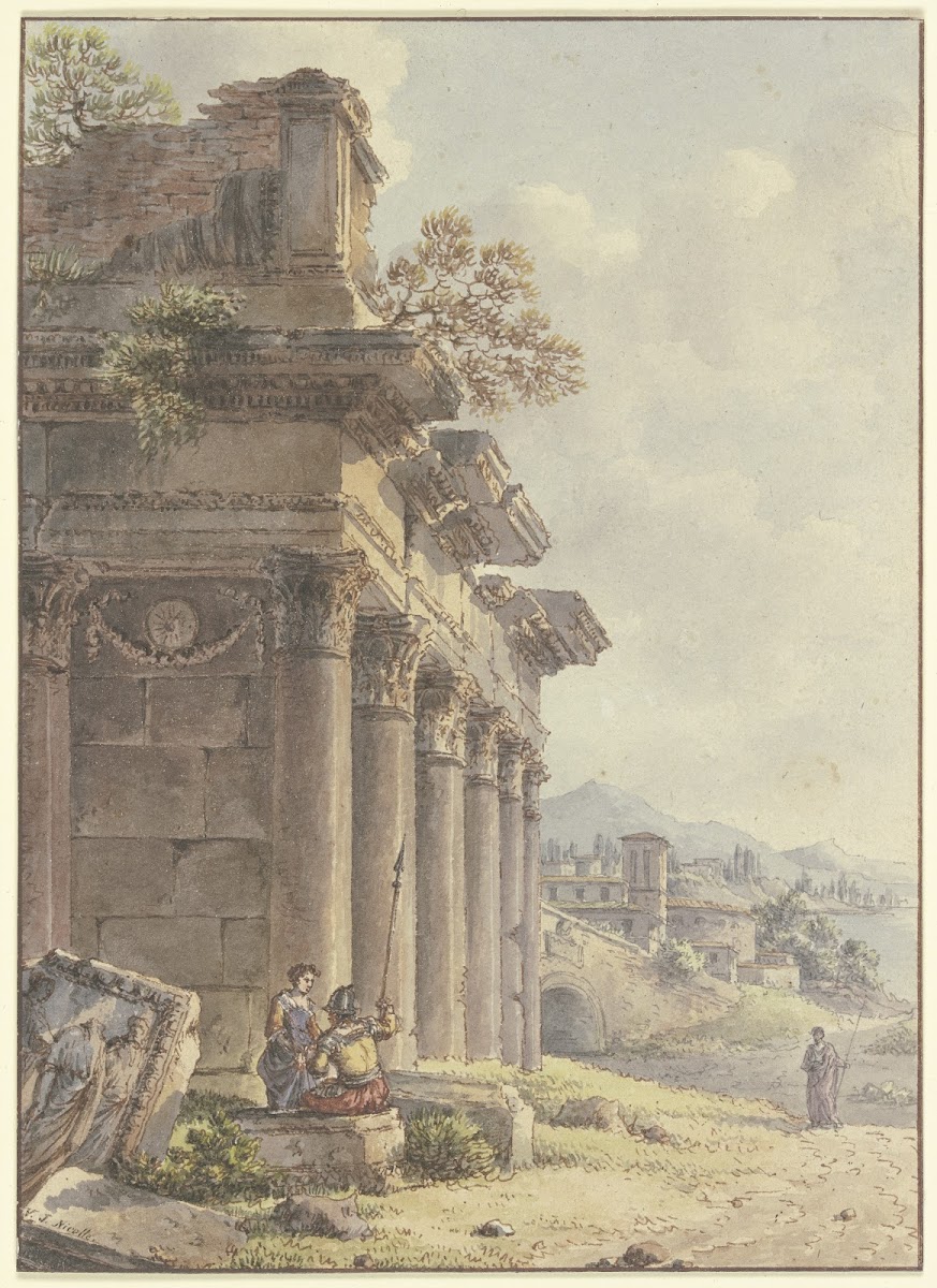 Architektonisches Capriccio Ruinen einer Tempelfassade im Hintergrund Landschaft