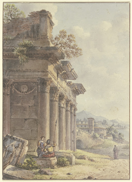 Architektonisches Capriccio Ruinen einer Tempelfassade im Hintergrund Landschaft