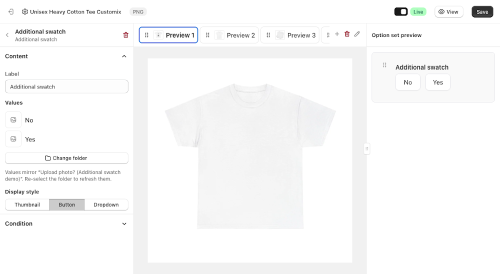 Option set preview showing the Button display style with No and Yes as buttons