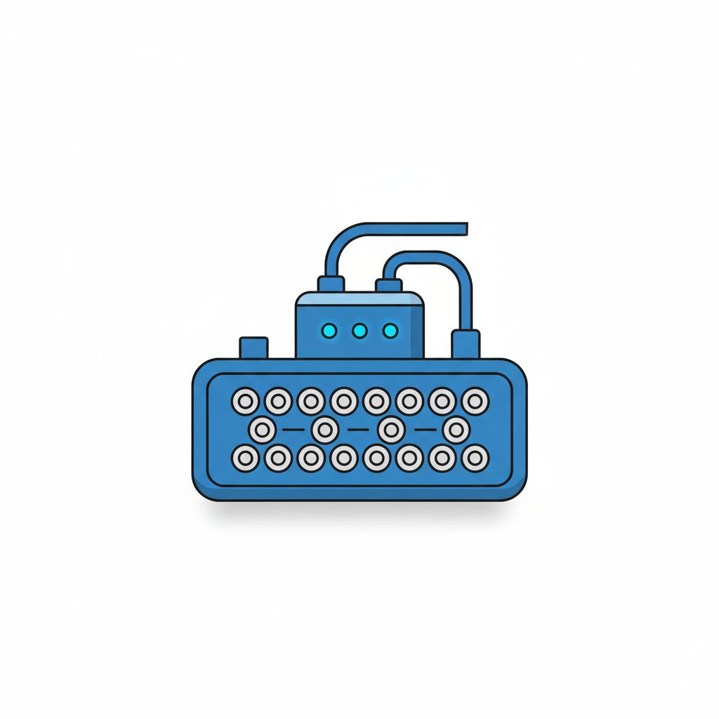 Minimalist 2D vector close up of an electric SUV battery connector and connected diagnostic module on white background with CarFax blue accents range rovers for sale