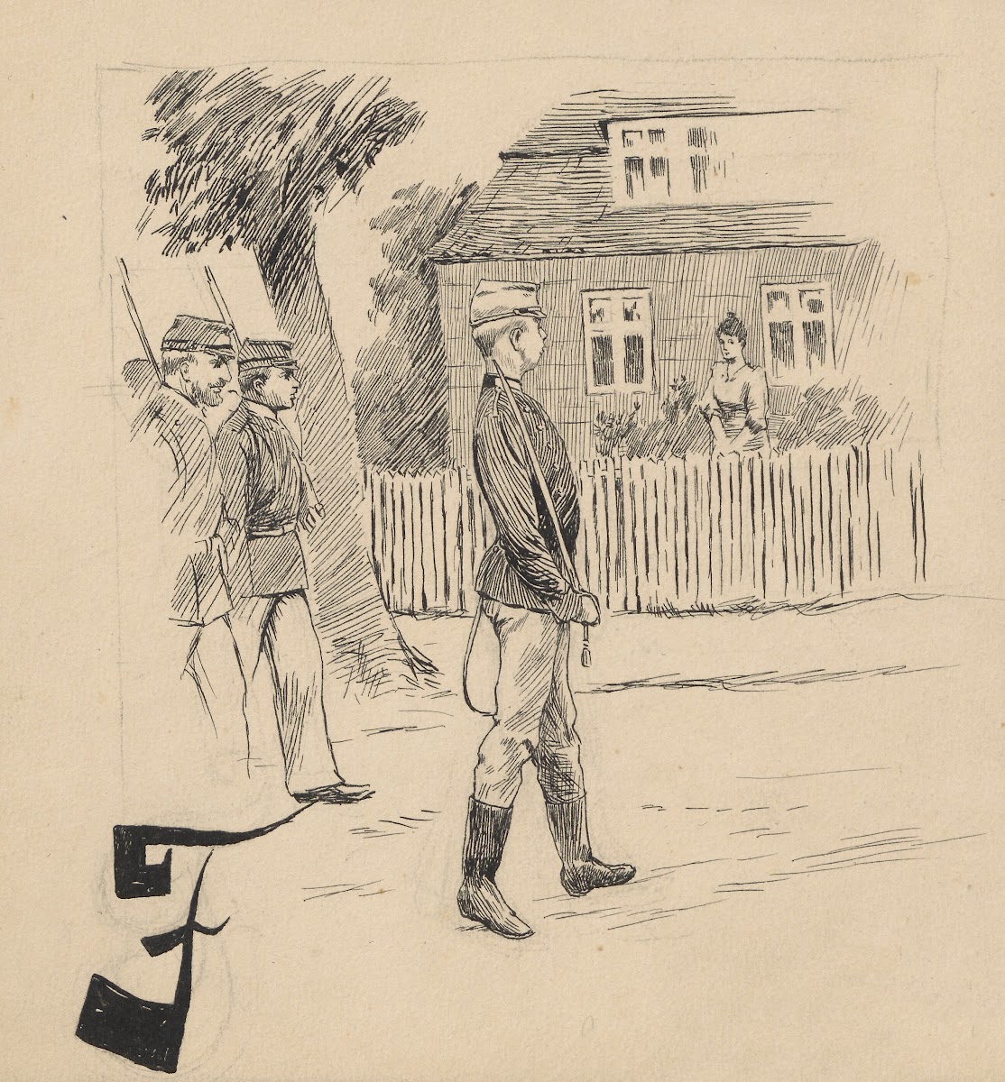 Soldiers marching down the street 1891