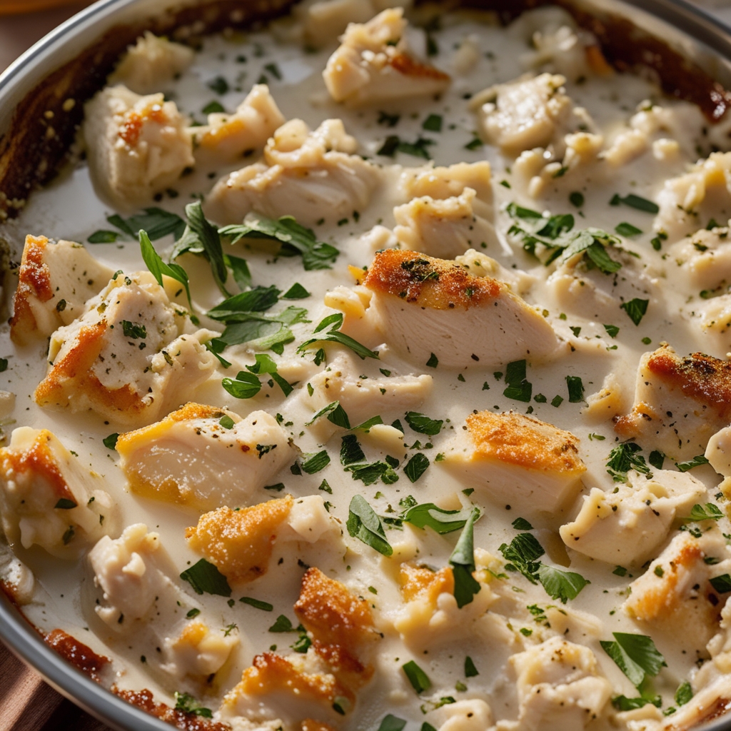High-Protein Chicken Alfredo Bake for Easy Low-Carb Meal Prep with Creamy Garlic Sauce finished